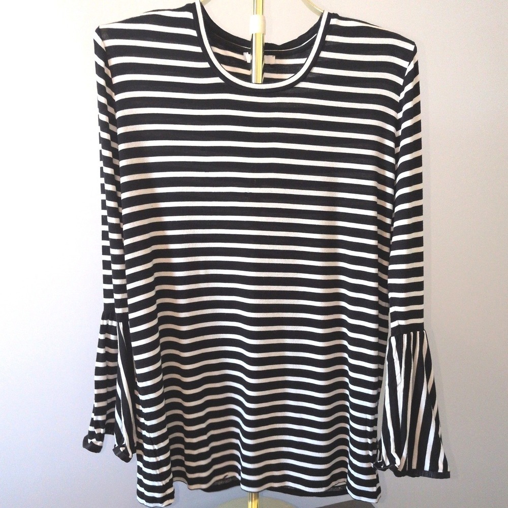 Maette Striped Bell Sleeve Top Women XL Black White Ruffle Cuff Round Neck